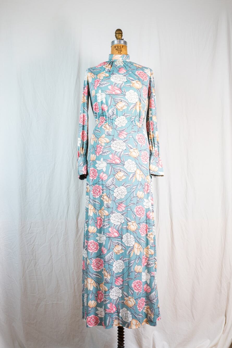 Vintage 70s Sage Green Floral Maxi Dress Romantic Boho Rose Long Sleeve Maxi, SM